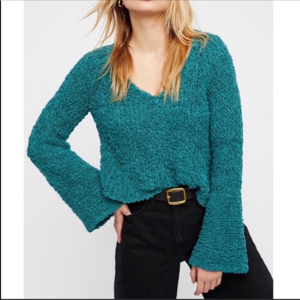 Free People Teal V-Neck Sweater